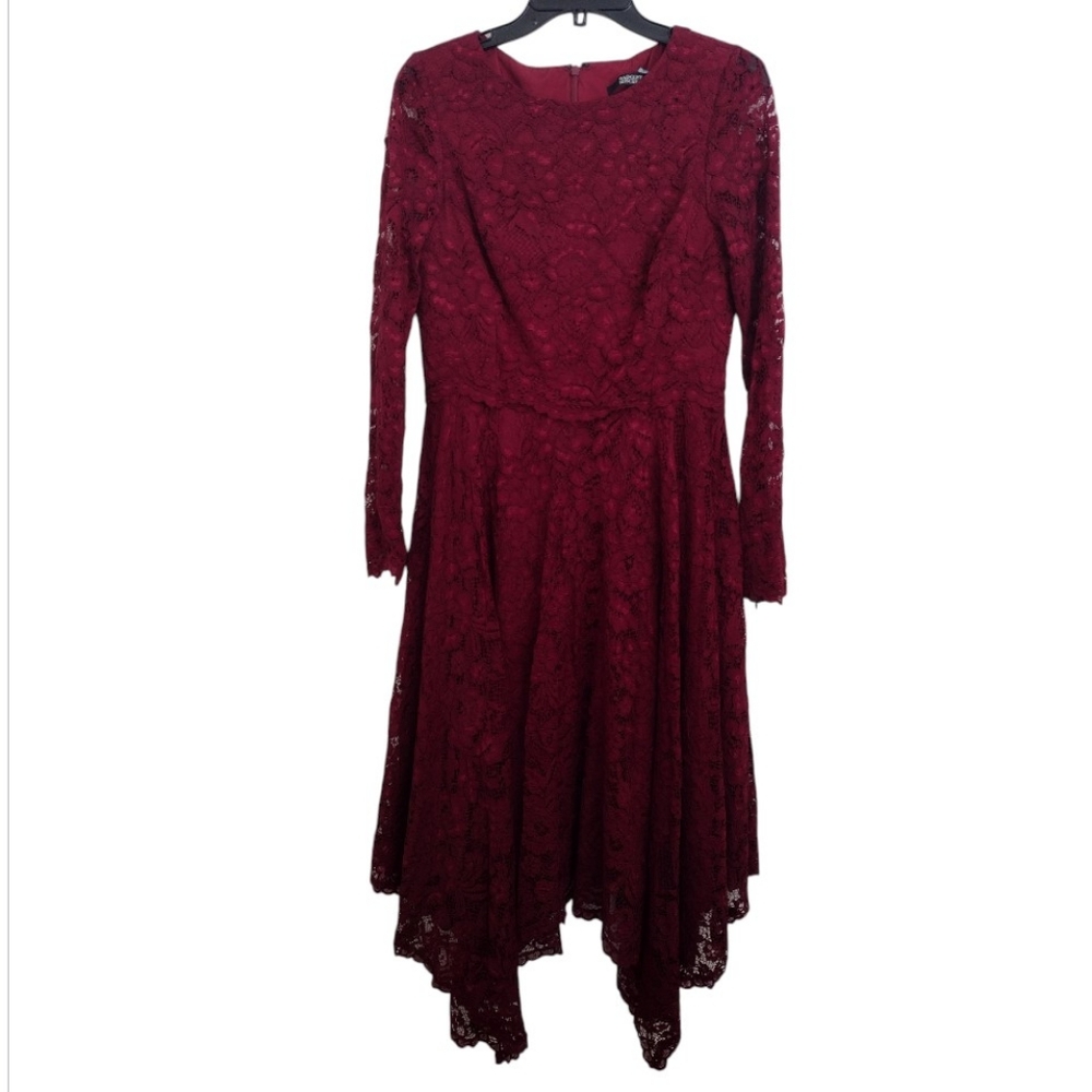 Badgley Mischka Elegant Burgundy Hi Low Lace Dress Size 6